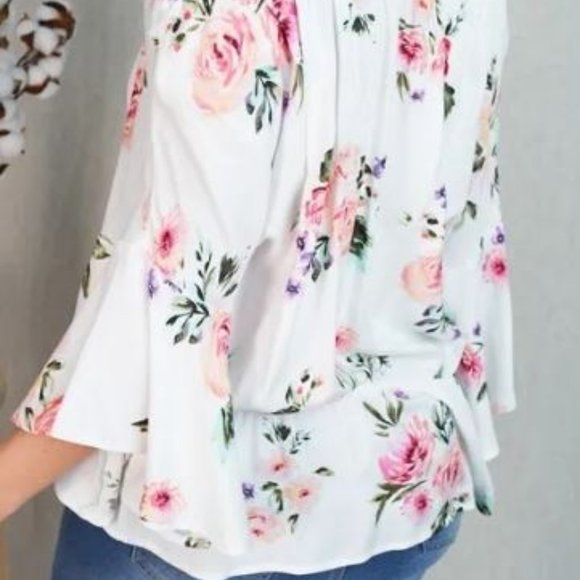 White Floral Off the Shoulder Top - Small, Medium, Large, XL, 1X - Picture 2 of 2